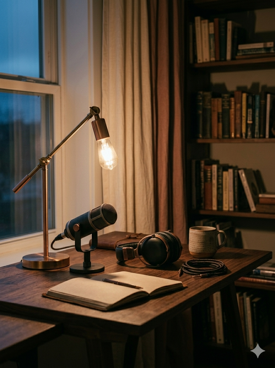 Podcast studio desk with microphone and notebook