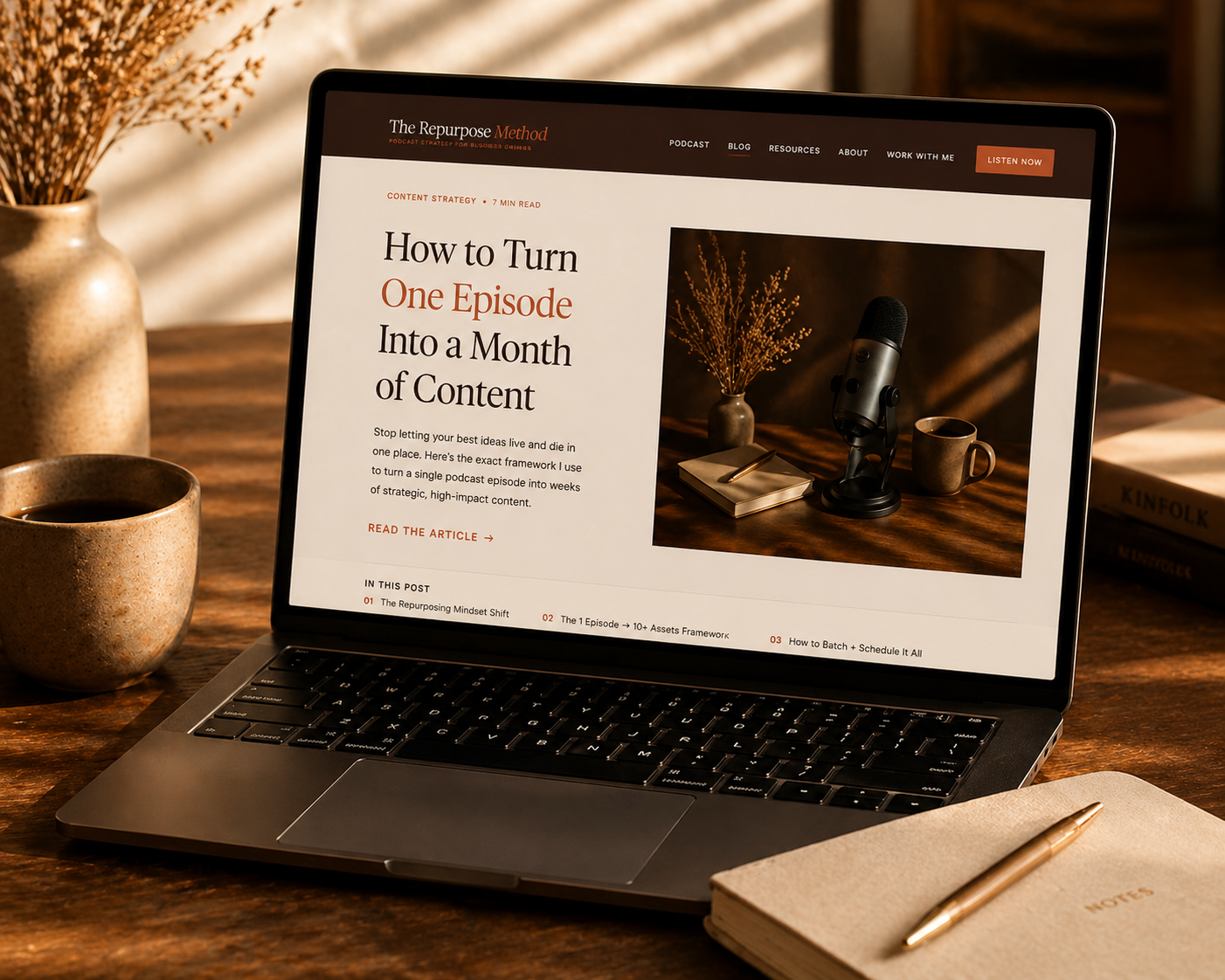 A laptop showing The Repurposed Method article layout.