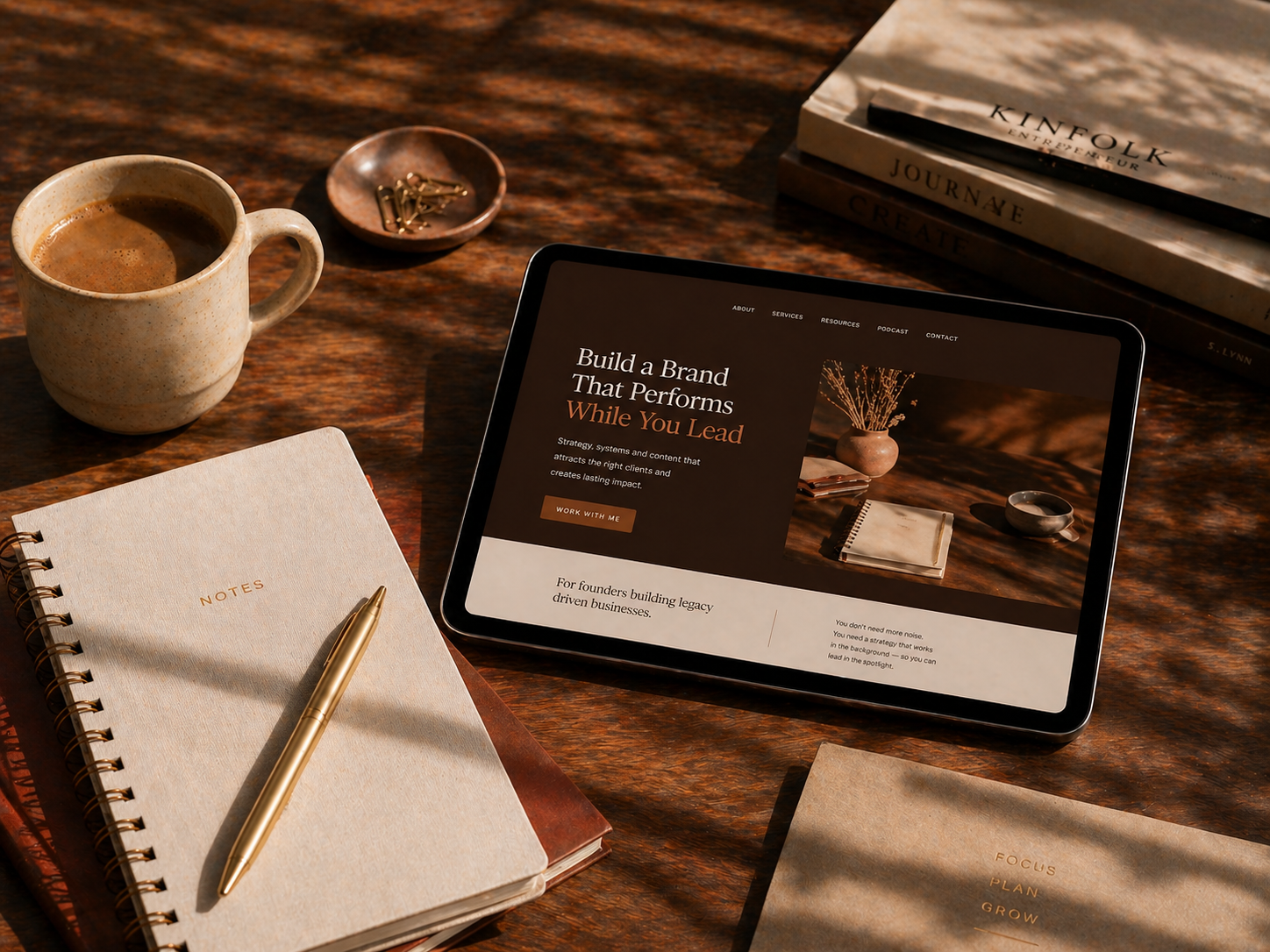 A tablet on a desk showing a Tiana Ned website mockup.