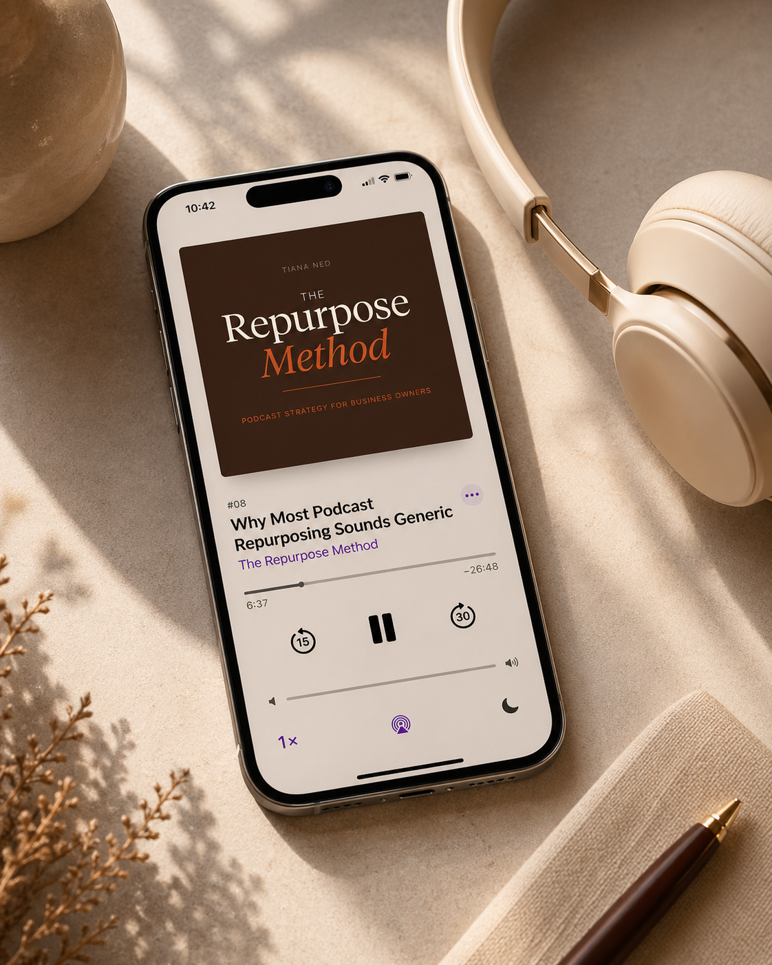 A phone showing The Repurposed Method podcast episode cover and player screen.